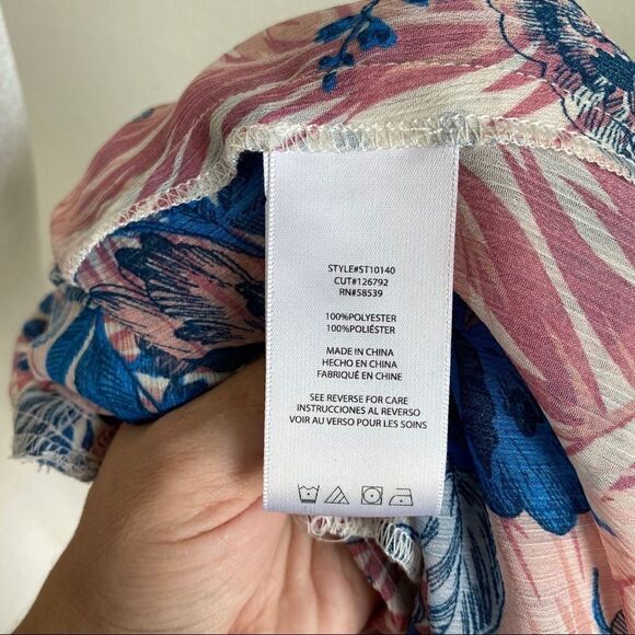 Kut from the Kloth Pink Blue Floral Sheer Relaxed Roll Tab Button Down Top S - Picture 8 of 8